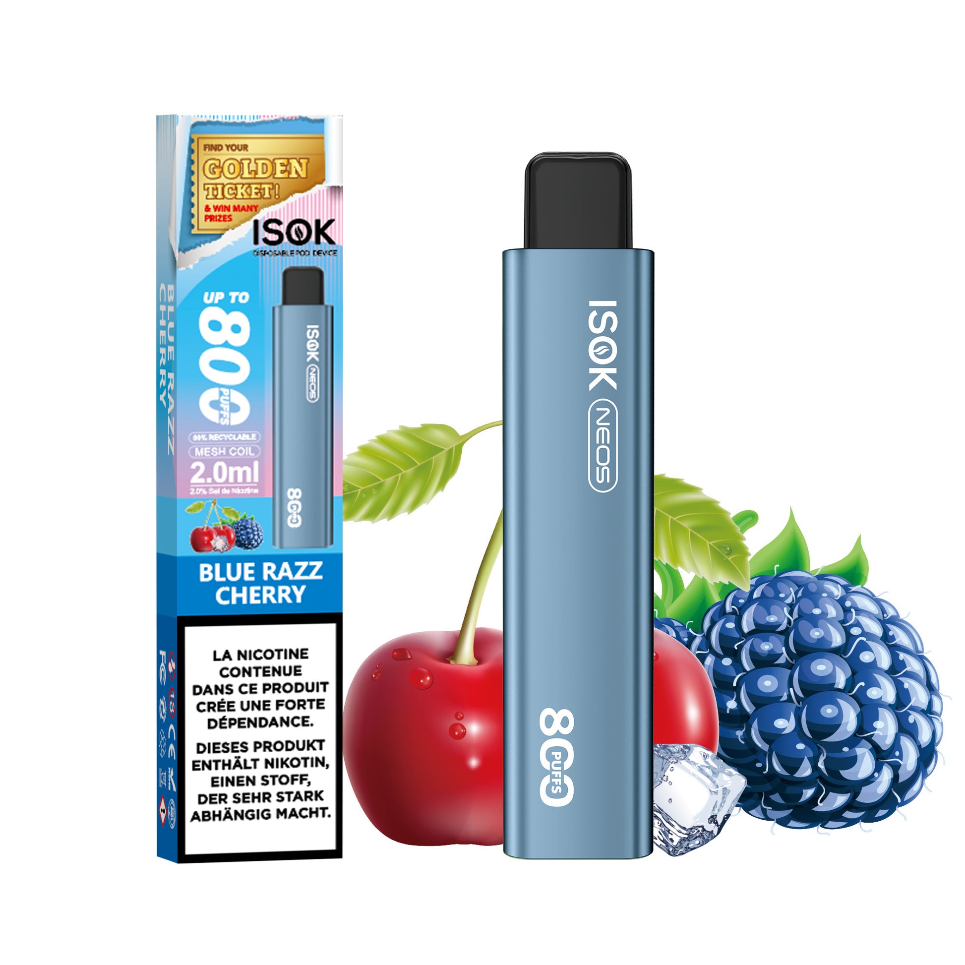 Cigarette électronique ISOK NEOS 800 Puffs  BLUERAZZCHERRY