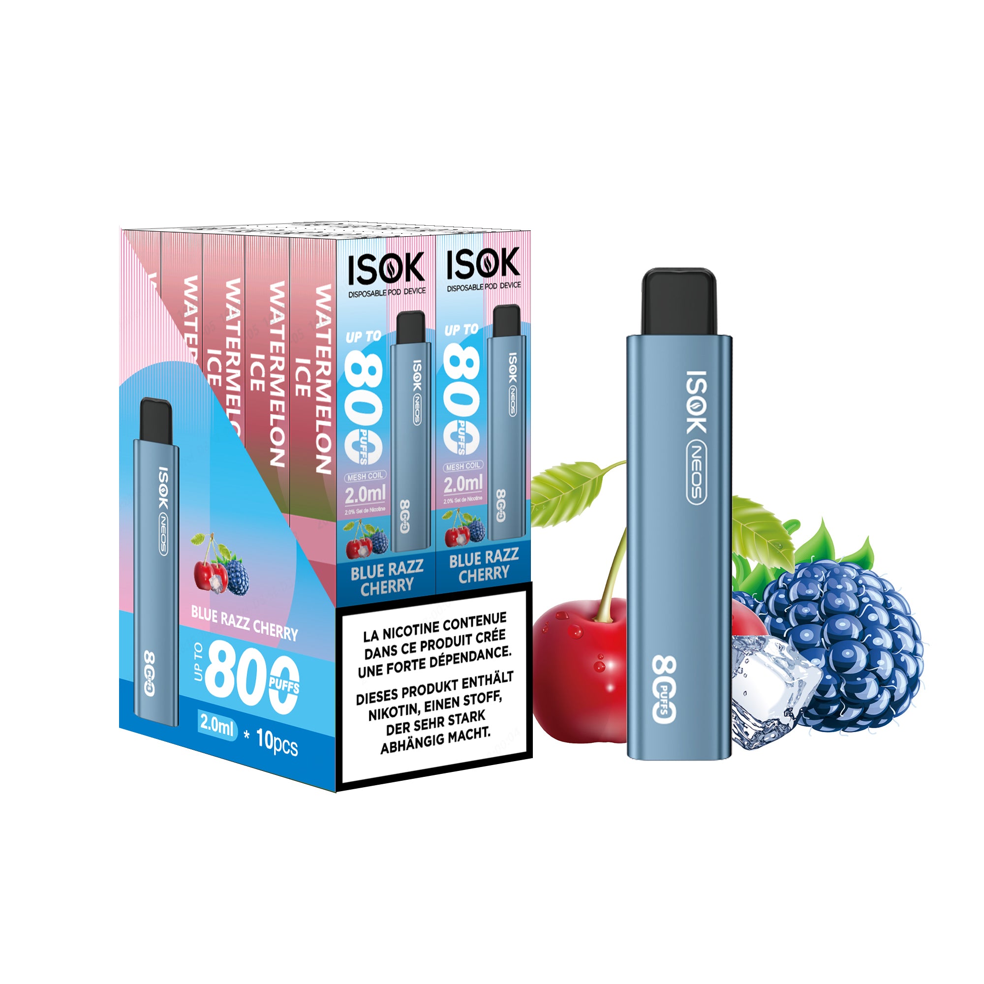 ISOK NEOS Blue Razz Cherry 800 Puffs – Pack de 10