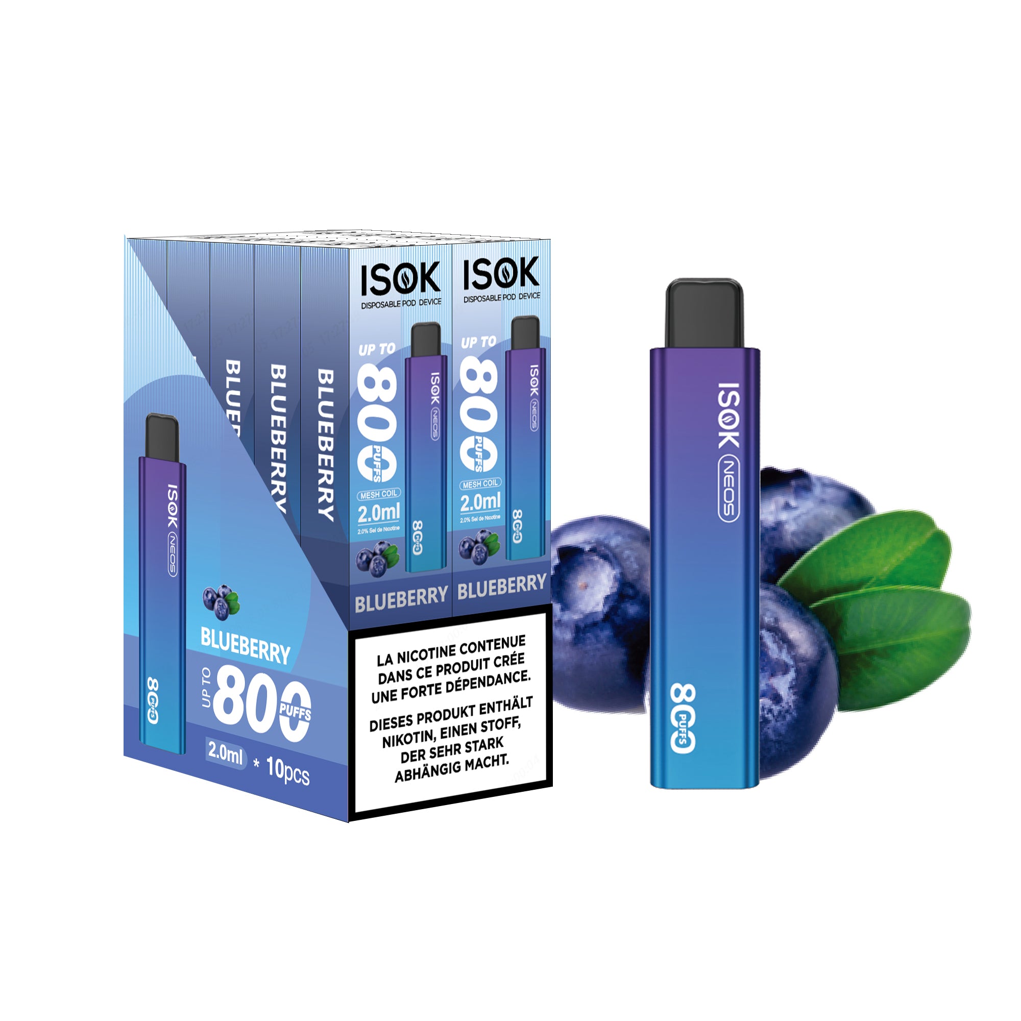 Cigarette électronique ISOK NEOS 800 Puffs Blueberry Pack de 10 pcs