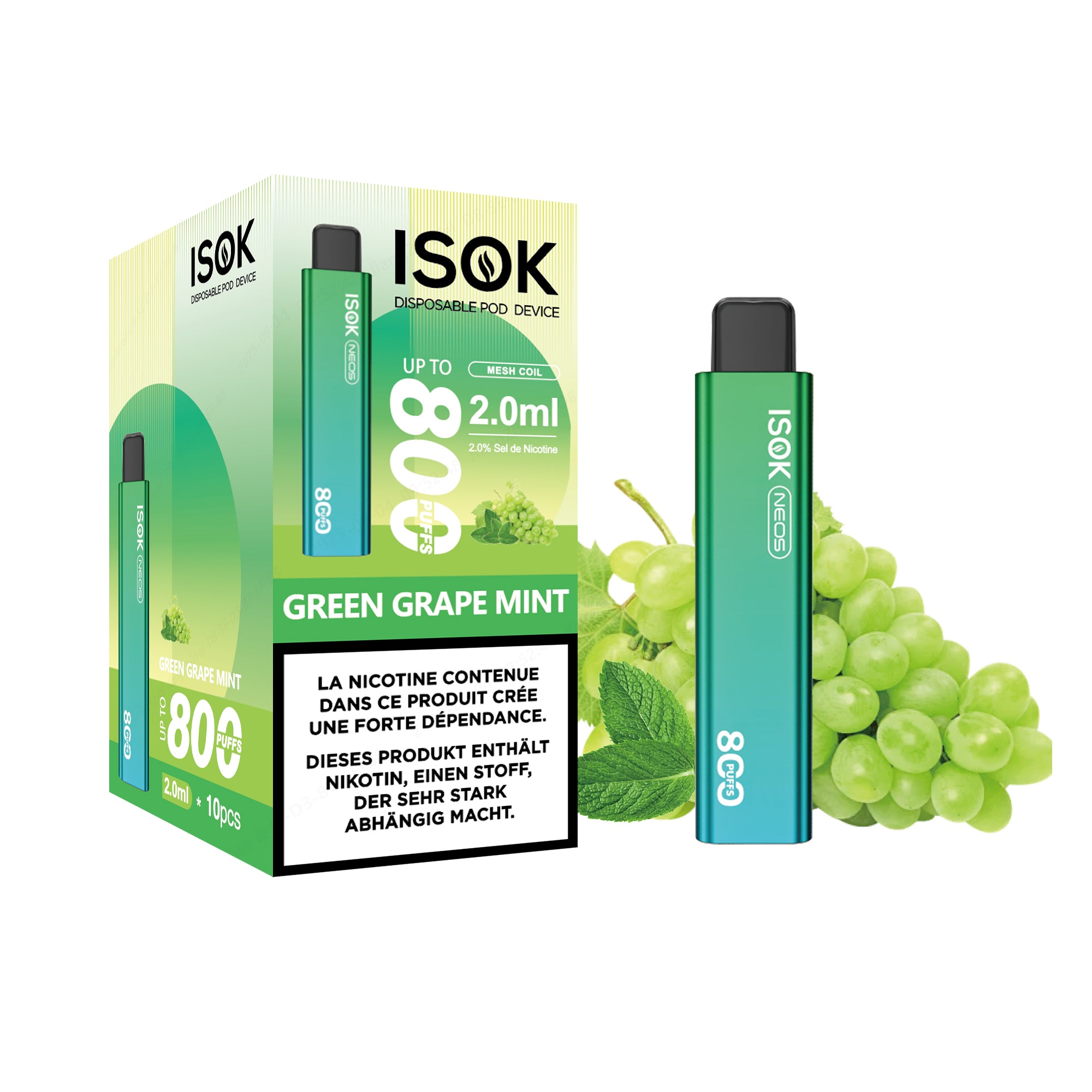 Cigarette électronique ISOK X & NEOS 800 Puffs Pack de 10 pcsGreen Grape Mint