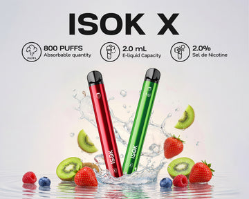 Cigarettes électroniques ISOK X rouge et verte : 800 puffs, 2 ml, 2 % de nicotine
