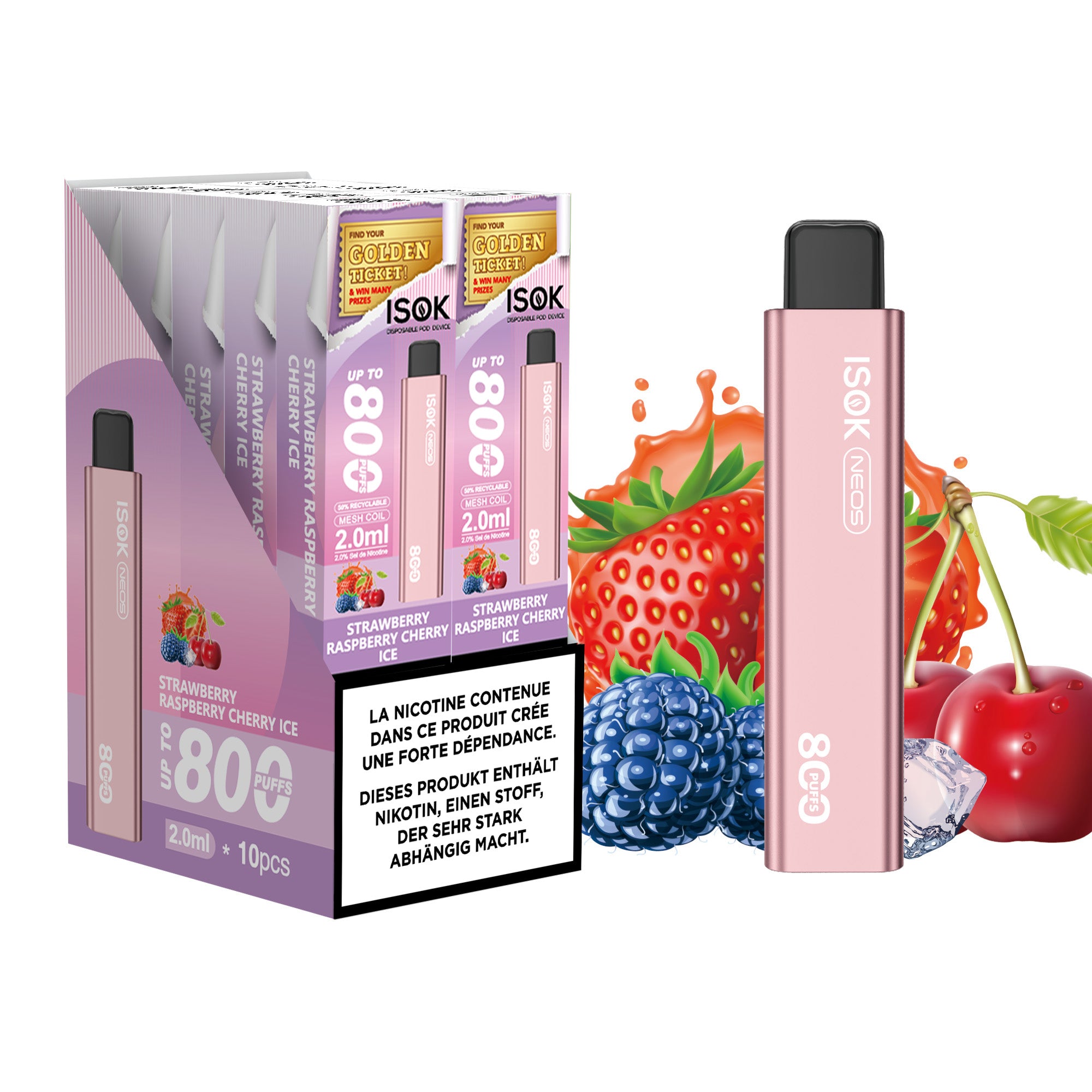 ISOK NEOS Strawberry Raspberry Cherry Ice 800 Puffs – Pack de 10