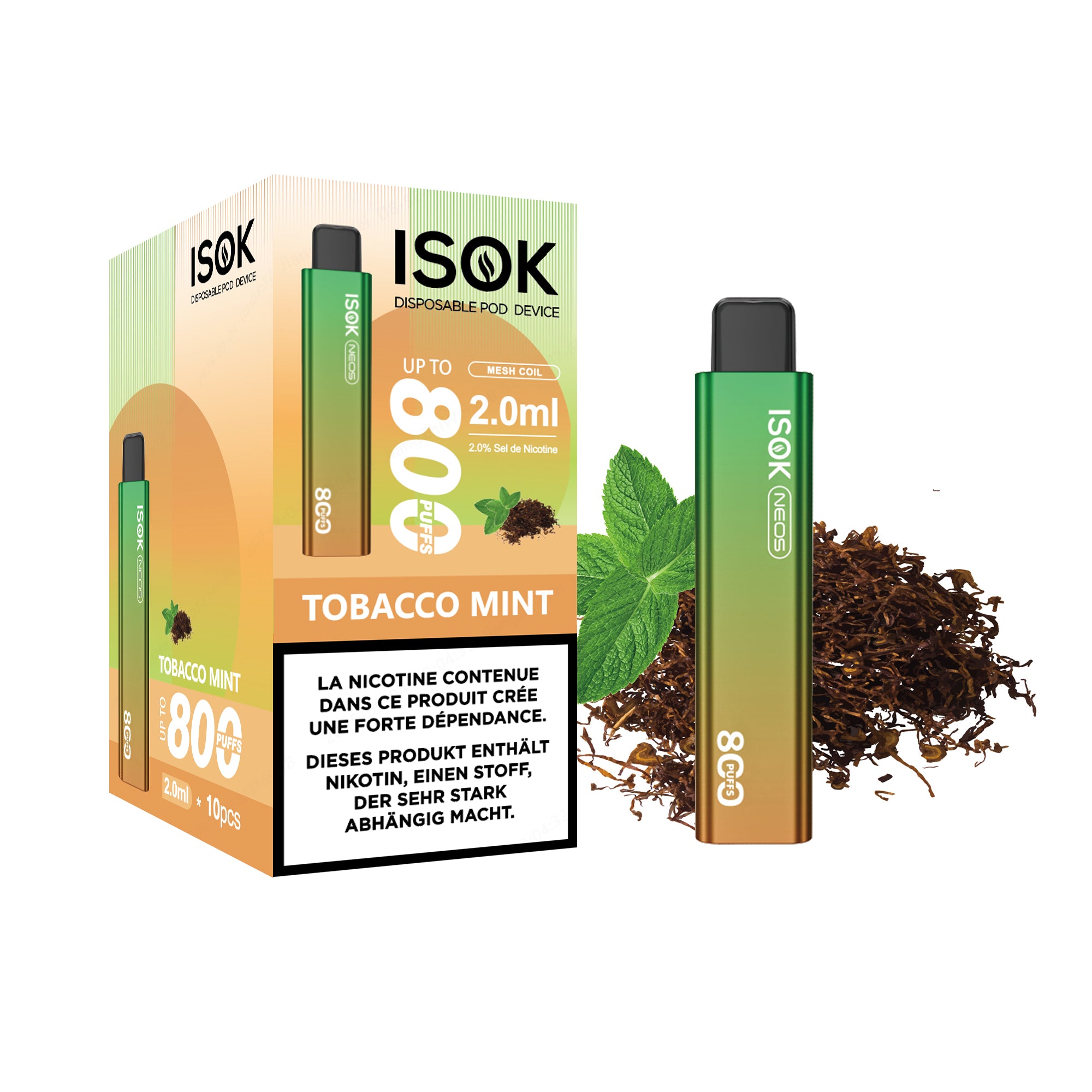Cigarette électronique ISOK X & NEOS 800 Puffs Pack de 10 pcs Tobacco Mint