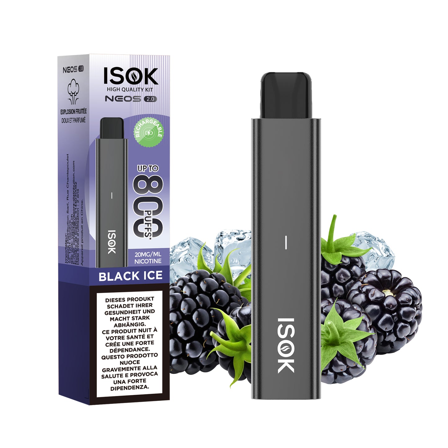 ISOK NEOS 2.0 Black Ice – Starter Kit saveur mûre glacée, 800 puffs.