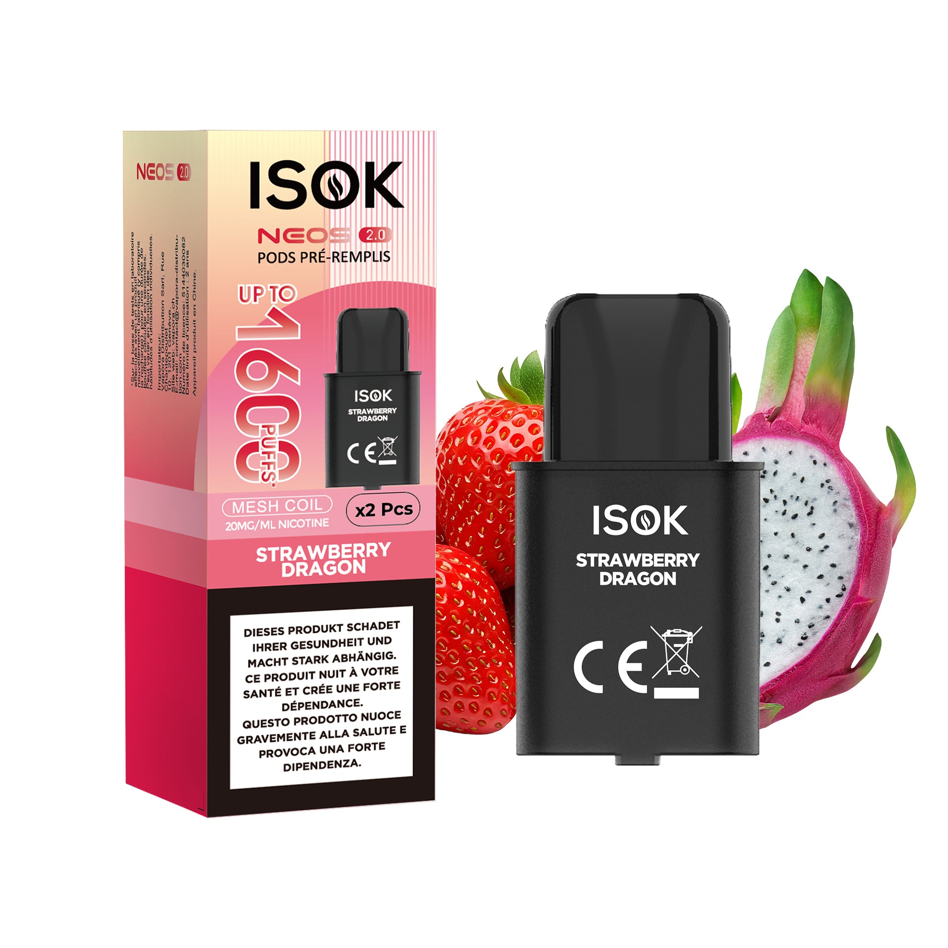 PODS ISOK NEOS 2.0 – Pack de 2 x 800 Puffs Strawberry Dragon